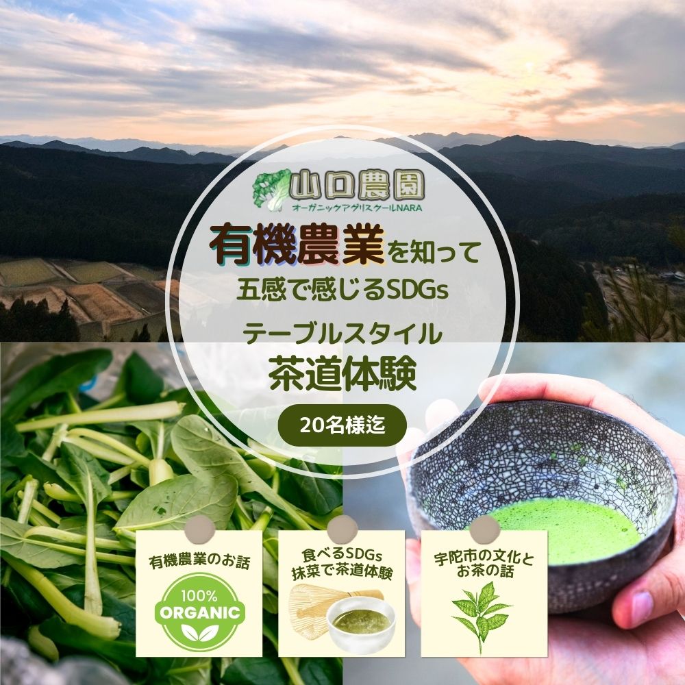 【ふるさと納税】有機農業 を知って五感で感じる SDGs テーブル スタイル 茶道体験 20名様迄／ Nara Green 抹菜 オーガニック ビレッジ 薬草 茶の本 農家 有機野菜 無農薬 関西 チケット 山口農園 奈良県 宇陀市