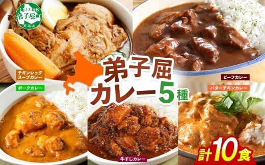 
            1447.  弟子屈 カレー 5種 食べ比べ 計10個 中辛 バターチキンカレー スープカレー ビーフカレー ポークカレー 牛すじカレー 業務用 レトルト  保存食 備蓄 非常食 常温 まとめ買い グルメ 北海道 弟子屈町
          