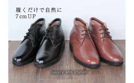 ビジネス 本革 革靴 カジュアル デザートブーツ 紳士靴  ７cmアップ シークレットブーツ No.350 ブラック 25.0cm