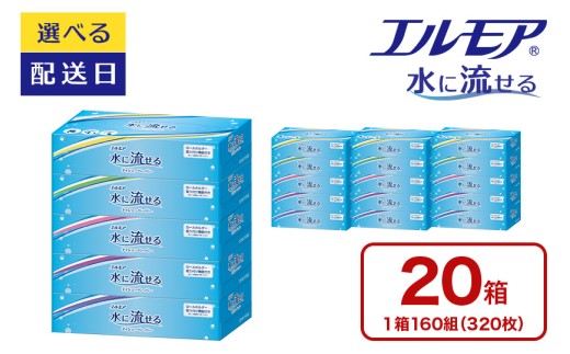 エルモア 水に流せるティシュー 着日指定 20箱 5個× 4パック ティッシュ ティッシュペーパー ボックスティッシュ 日用品 消耗品 備蓄 防災 愛媛県 四国中央市