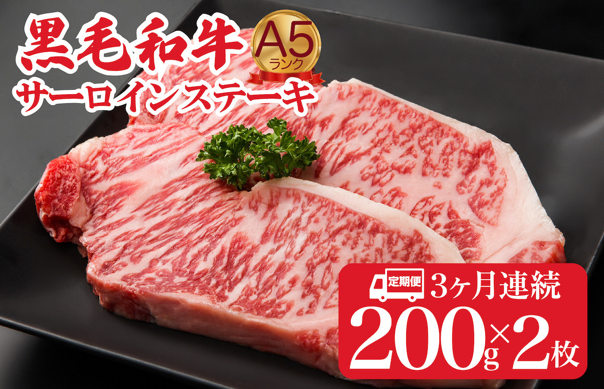 
                  【定期便 全３回】黒毛和牛 A5ランク サーロインステーキ 200gx2枚 計400g (ステーキ用ソース付) ３ヶ月連続 冷蔵 冷蔵便 サーロイン ステーキ 霜降り 肉 牛肉 サーロイン ステーキ 霜降り 肉 牛肉 サーロイン ステーキ
                