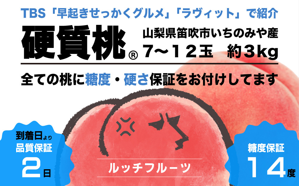 
            【全玉糖度14度保証付】硬質桃 7〜12玉 約3kｇ【2025年発送】『皮ごと食べられる硬い桃』＜数量限定＞テレビで多数紹介！【ルッチ Rucci】産地直送 山梨県 笛吹市 糖度 品質 保証 硬い 固い 桃 もも モモ 新鮮 くだもの 果物 フルーツ 人気 TVで紹介 ランキング リピート 高評価 ギフト 贈答 贈り物 2025年 令和7年 先行予約 期間限定 104-006
          