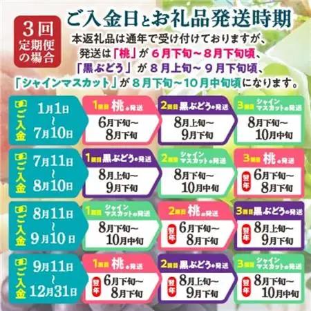 【発送月固定定期便】2026年発送 山梨 旬の果物 桃+種無し黒ぶどう+シャインマスカット 全3回_甘いシャインマスカット あまいシャインマスカット 美味しいシャインマスカット おいしいシャインマスカ