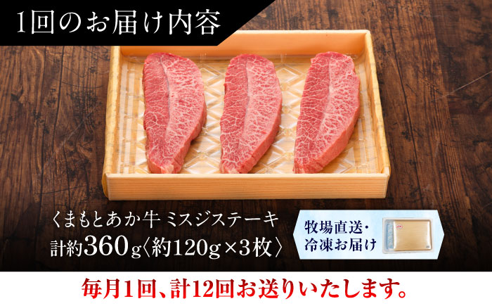 【全12回定期便】【GI認証】くまもとあか牛ミスジステーキ 約120g×3枚 / 菊陽町 あかうし 熊本県 肉 にく niku ブランド 旨み 【有限会社 三協畜産】 [BHAS083]