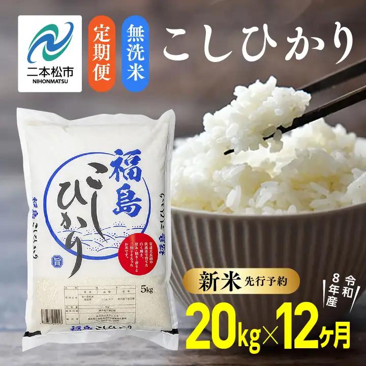 《先行予約》【12ヶ月定期便】無洗米 令和8年産 こしひかり 20kg 無洗