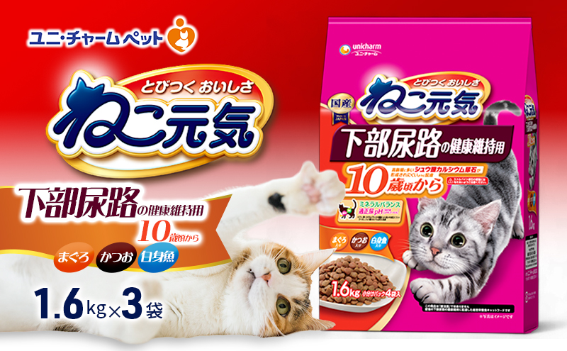 ねこ元気 下部尿路の健康維持用 10歳頃から まぐろ・かつお・白身魚入り 1.6kg×3袋 ペットフード キャットフード 猫のごはん 猫用フード 猫 ペット ドライ ユニ・チャーム ペット ユニ・ケアー