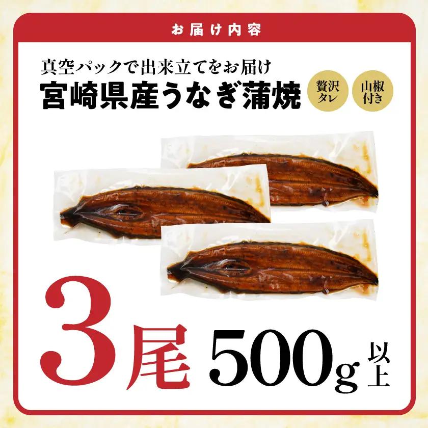 宮崎県育ちのうなぎ蒲焼3尾500g以上≪山椒・たれ付≫〔AC-M3-005-3〕_(都城市) うなぎ蒲焼(有頭) 宮崎県産 真空 山椒・たれ付