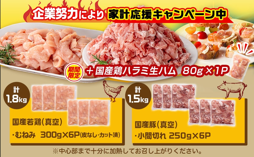家計応援キャンペーン!国産若鶏むね肉≪皮なし・カット済≫&国産豚小間切れ【総重量3.3kg】+生ハム1袋≪みやこんじょ快速便≫_MJ-L901-R-CP