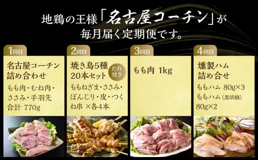 定期便 鶏三和 三和の純鶏 名古屋コーチン 4回お届け 正肉セット 焼鳥5種20本セット ハムセット 精肉 焼鳥 燻製ハム 鶏肉 地鶏 鳥肉 さんわ チキン もも肉 むね肉 ささみ ステーキ 肉 渥美