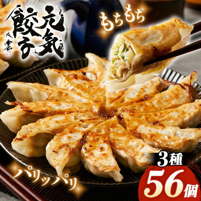 【ふるさと納税】元気餃子のこだわり餃子3種セット（56個入り/冷凍生餃子） 食べ比べ ギョーザ専門店 中華総菜 点心 もちもち パリパリ ／ 餃子 冷凍 冷凍餃子 3種セット 元気餃子 スタミナ餃子 よもぎ餃子 本格 パリッと おうちごはん お惣菜 ご家庭用 中華 皮厚 No.010