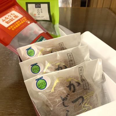 ふるさと納税 城里町 古内茶・和紅茶とかつどら3個セット【季節の果物】