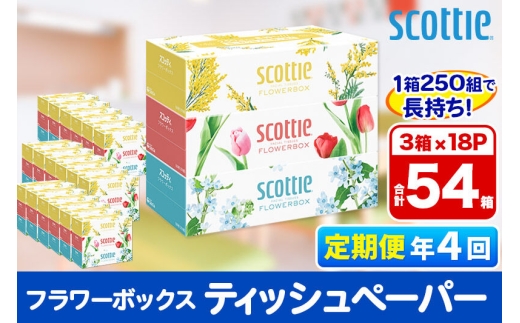 《3ヶ月ごとに4回お届け》定期便 ティッシュペーパー スコッティ フラワーボックス250組 54箱(3箱×18パック)  [ティッシュ ボックスティッシュ 定期便]