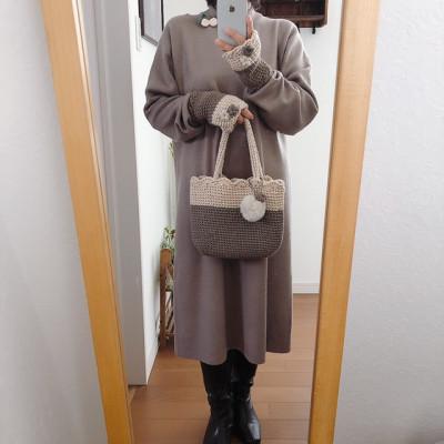 ふるさと納税 長岡京市 かぎ針編みのフリルが可愛いバイカラーニットバッグ・ブラウン |  | 03