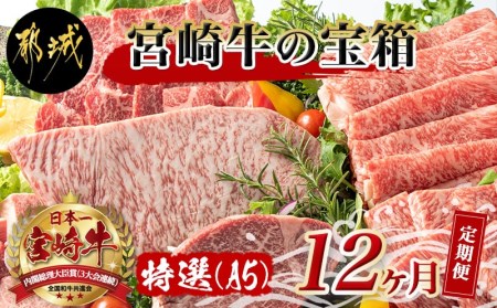 特選(A5)宮崎牛の贅を味わう (12ヶ月定期便)_TAH12-0102_(都城市) 宮崎牛 5等級 12ヶ月定期便 サーロイン芯スライス モモスライス シャトーブリアンステーキ 特上モモステーキ ロース焼肉用 ヒレステーキ