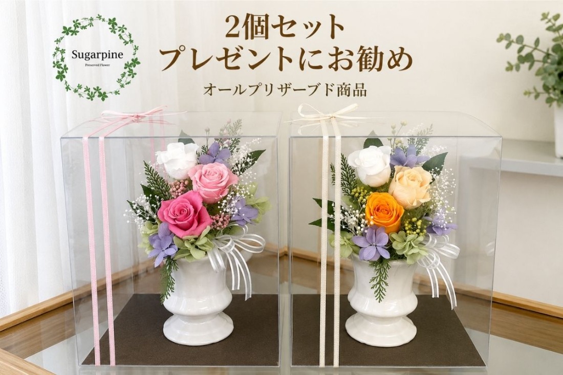 プリザーブドフラワー【カリヌゥ 2個セット ピンク/オレンジ】【埼玉県 春日部市 シュガーパイン お見舞い ギフト プレゼント セットアレンジ】(AJ022-1)