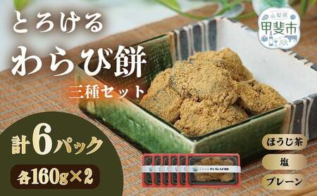 口の中でとろける！ 究極のわらび餅 三種セット（プレーン味・ほうじ茶味・塩味）160g×各2パック　計6パック　わらび餅 和菓子 山梨県 甲斐市 CT-2