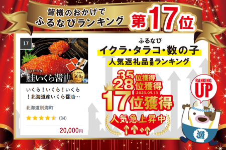 いくら！いくら！いくら！北海道産いくら醤油漬け 500g　（ いくら イクラ 鮭卵 醤油漬け 北海道 野付 別海町 人気 ふるさと納税 ）