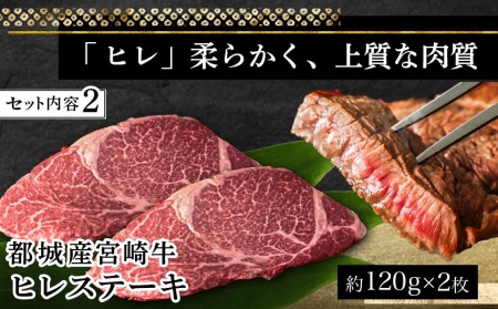 宮崎牛ヒレ・サーロインステーキ640g_AD-2504_(都城市) 牛肉 ブランド牛 ヒレステーキ(120g×2枚) サーロインステーキ(200g×2枚) ソース・塩コショウ付 真空パック 希少部位