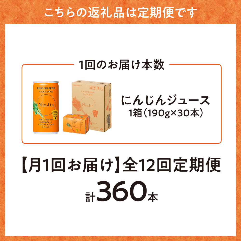 【毎月定期便】にんじんジュース (190g×30本) 無添加 北海道産 人参 野菜ジュース 全12回_ss03-007