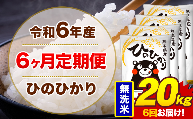 【6ヶ月定期便】令和6年産 無洗米 20kg 米 ひのひかり《お申込み月の翌月から出荷開始》熊本県 菊池市 国産 熊本県産 白米 精米 無洗米 送料無料 ヒノヒカリ こめ お米