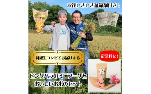 10月発送!同級生コンビでお届けするピンクバラのブーケとおいしいお米(精米)のセット・栄養剤付き!【1708207】