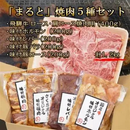 【飛騨牛】焼肉5種セットA-5　ロース・肩ロースと味付けホルモンなど　合計1.2kg【配送不可地域：離島】【1619901】