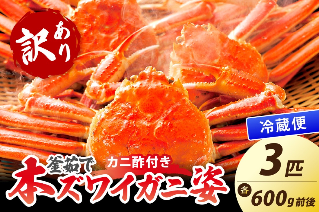 【大好評！カニ酢付き】訳あり！釜茹で！本ずわいがに姿 600g×3杯　YK00444