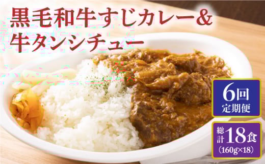 【全6回定期便】 黒毛和牛 牛すじカレー＆牛タンシチュー 毎月3食 長与町/炭火焼肉あおい [EBW008] 黒毛和牛 カレー かれー レトルト 牛タン 牛たん シチュー しちゅー 簡単 常温 定期便 定期 ていきびん