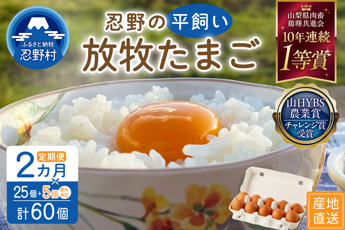 【2ヶ月定期便】忍野の平飼い放牧卵30個（25個＋割れ保証5個）