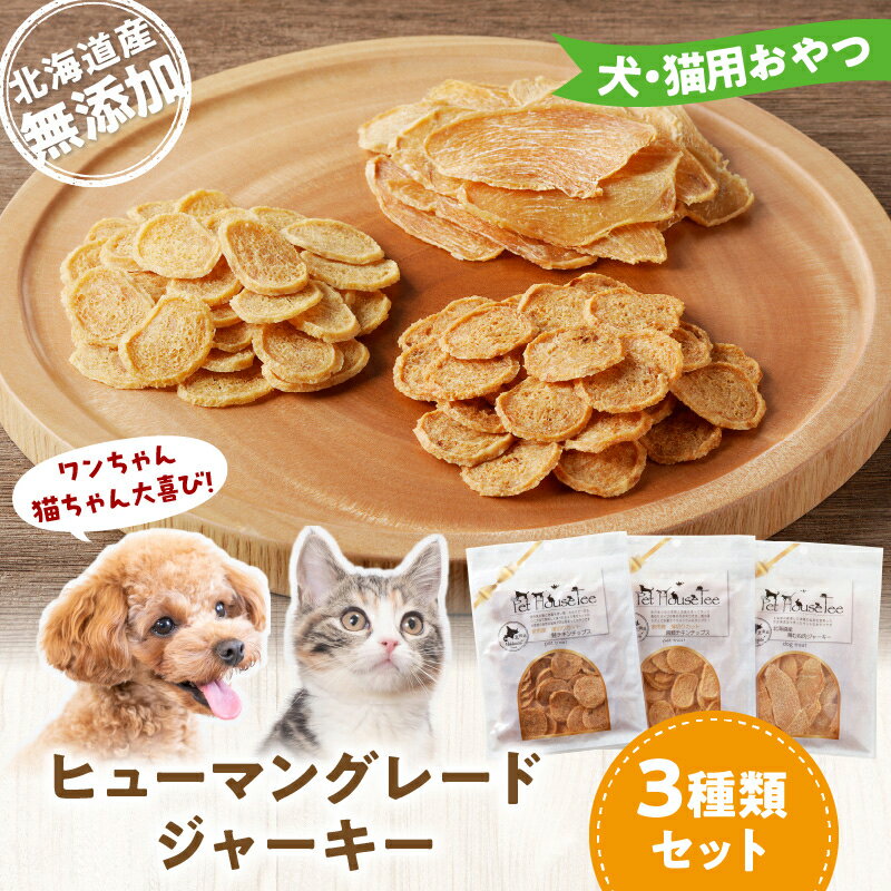 【ふるさと納税】 ワンちゃん猫ちゃん大喜び！ 北海道産 ヒューマングレード 無添加 ジャーキー 3種類 セット チキンチップス 薄切り 犬用 猫用 犬 猫 おやつ ドッグフード キャットフード 北海道 余市町 送料無料