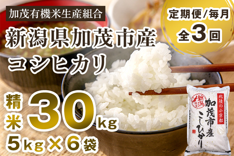 
            【令和7年産新米先行予約】【定期便3回毎月お届け】新潟県加茂市産コシヒカリ 精米30kg（5kg×6） 《10月中旬から順次出荷 》 白米 加茂有機米生産組合
          