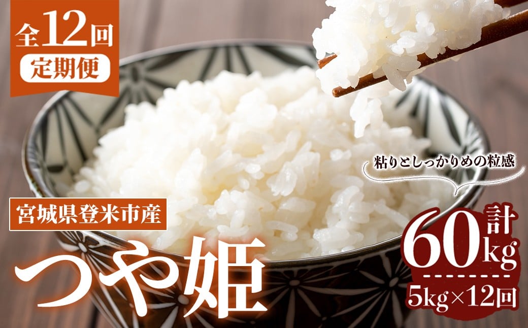 
            ≪令和7年産≫【12回定期便】つや姫 計60kg (5kg×12回配送) 登米市産 お米 おこめ 米 コメ 白米 ご飯 ごはん おにぎり お弁当 12か月 頒布会【登米ライスサービス株式会社】tm167
          