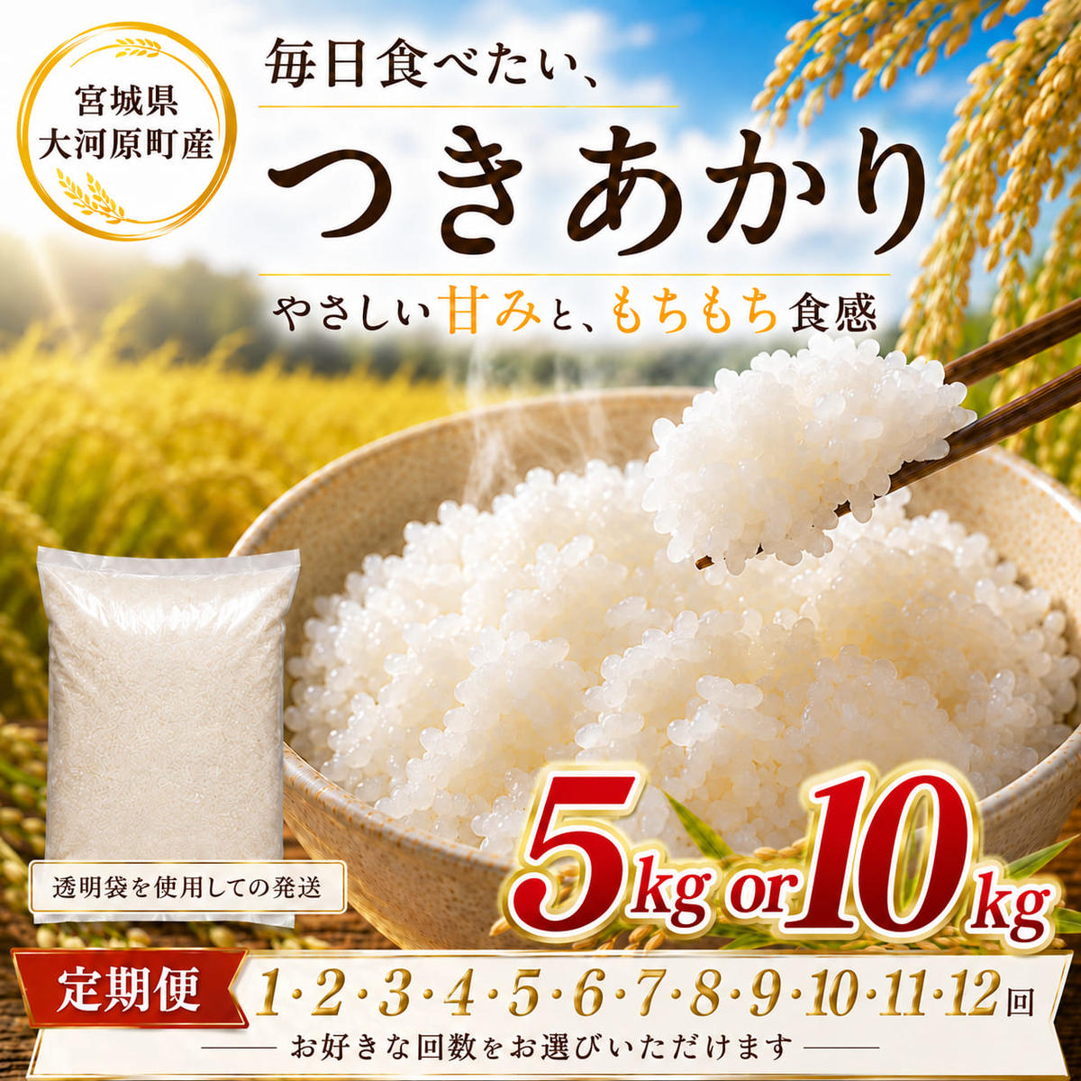 【ふるさと納税】令和8年産 米 定期便 12ヶ月 6ヶ月 3ヶ月 12回 6回 3回 つきあかり 選べる容量 5kg 10kg 新米 先行予約 宮城県産 白米 精米 単品 単一原料米 送料無料　お届け：2026年10月中旬頃から順次発送予定