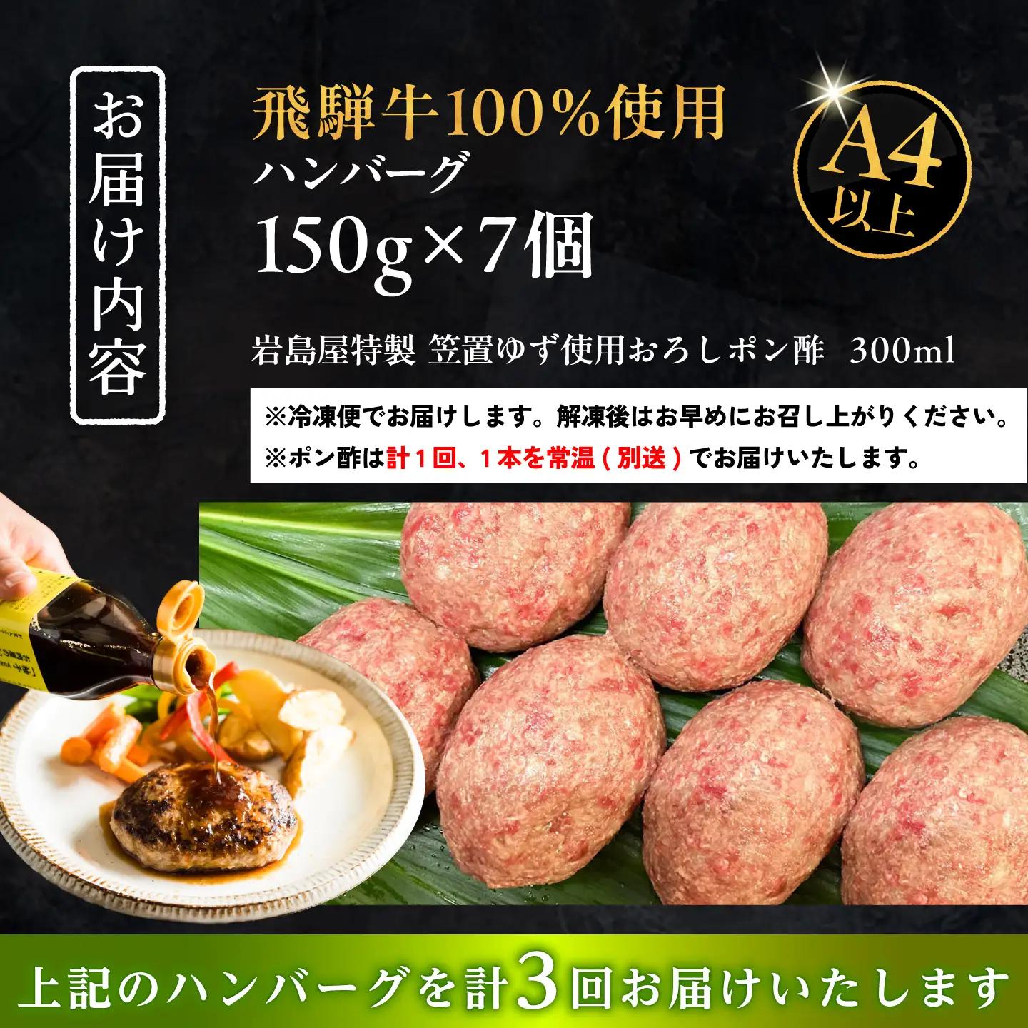 【3回定期便】 飛騨牛100% ハンバーグ7個 A5,A4ランク 特製笠置ゆず使用おろしポン酢付 / 恵那市 / 岩島屋 [AUAJ042]