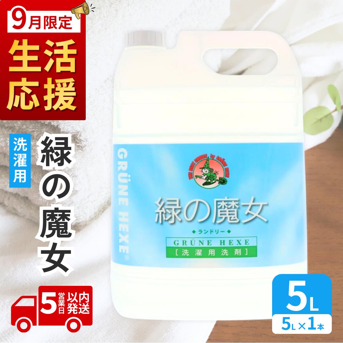 【ふるさと納税】9月限定 洗濯洗剤 排水口もスッキリ 緑の魔女 ランドリー 5L×1本or3本 | 洗濯洗剤 洗濯 洗剤 洗濯用 液体洗剤 液体 洗濯用洗剤 衣類用洗剤 環境洗剤 エコ洗剤 衣類用 植物由来 洗剤 詰替え 大容量 パイプクリーナー 茨城県 龍ケ崎市