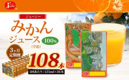 【3回定期便】 ジューシー みかんジュース 100％ （学給） 125ml×36本 みかん ミカン 蜜柑 ジュース オレンジジュース 飲料 紙パック 国産 熊本県