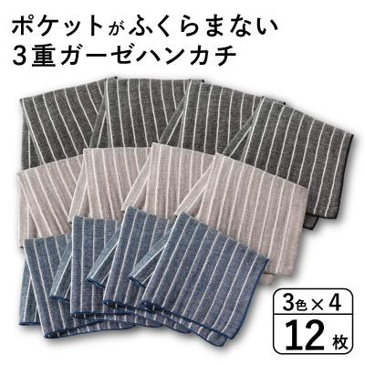 ふるさと納税 泉佐野市 ポケットがふくらまない 3重ガーゼハンカチ ストライプ 12枚 G3877