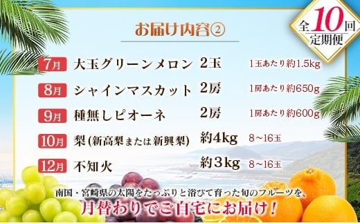 【10回定期便】旬 人気 フルーツ 南国宮崎産 太陽のタマゴ 金柑たまたまエクセレント シャインマスカット ピオーネ いちご みかん 梨 メロン 柑橘 マンゴー きんかん たまたま ぶどう 果物 詰め