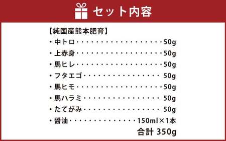 ＜ R8年熊本地震復興支援 ＞熊本安坐 国産馬刺し 7種 食べ比べ 匠馬刺し醤油付き 合計350g【30営業日以内順次発送】