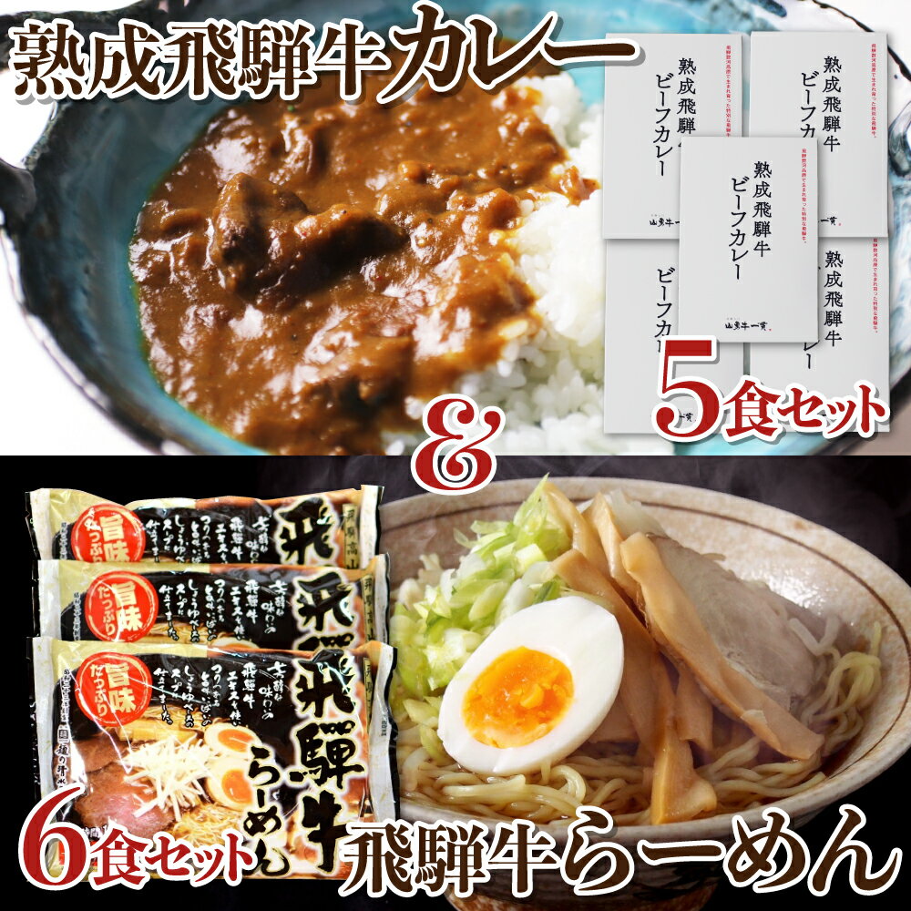 【ふるさと納税】熟成ビーフカレー5食＆飛騨牛ラーメン6食セット / 飛騨牛 カレー レトルト 麺 ラーメン セット 国産 和牛 肉 カレー 熨斗対応 レトルトカレー ビーフカレー ごはん 米 に！ 保存食 常備食 備蓄 防災 熨斗対応 飛騨市 30000円 3万円 [C0023ch]