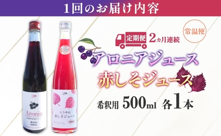 定期便 連続2回 北海道産 赤しそジュース アロニアジュース 500ml 各1本 希釈用 赤しそ アロニア 果汁 ジュース ドリンク 飲料 飲み物 フルーツ しそ シソ 紫蘇 贈答 詰め合わせ お取り