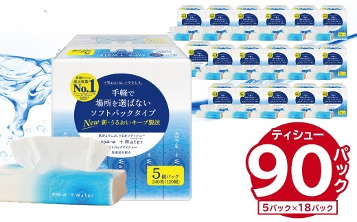 
                  エリエール +Water（プラスウォーター）ソフトパックティシュー　120W5P×18パック  【 ソフトパックティッシュ ティッシュ ソフトパック ティッシュペーパー 箱なし 日用品 新生活 備蓄 防災 消耗品 生活雑貨 生活用品 パルプ100％ 】
                