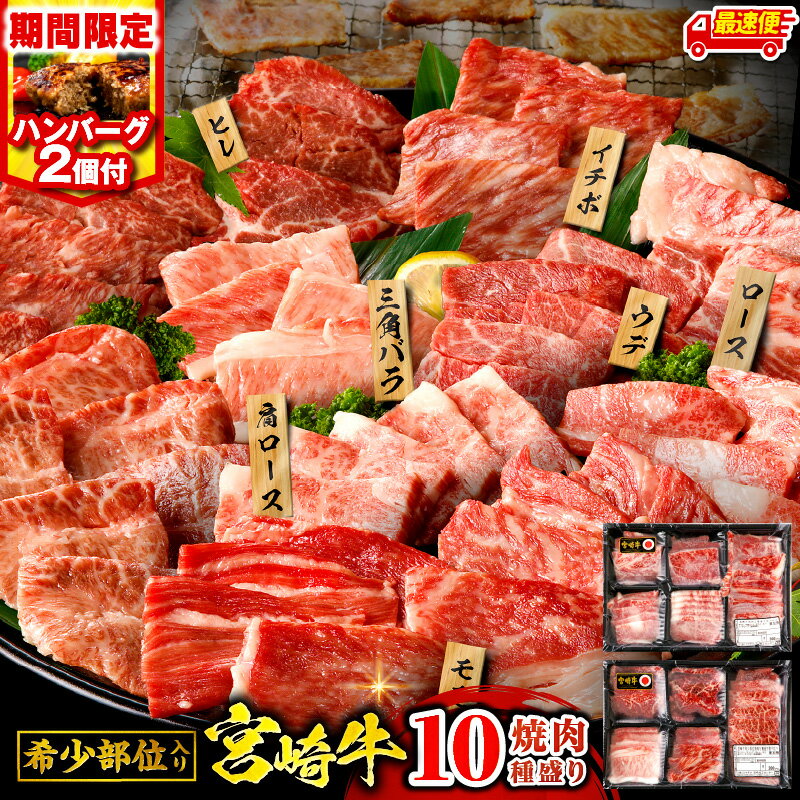 【ふるさと納税】高評価★4.65【発送時期が選べる】【期間・数量限定】宮崎牛焼肉10種盛り合わせ・国産牛ハンバーグ100g×2個 宮崎牛 焼肉 10種 盛り合わせ 食べ比べ セット 焼肉セット 詰め合わせ BBQ 贈り物 ギフト 牛肉 肉 国産 国産牛 人気《レビューキャンペーン》
