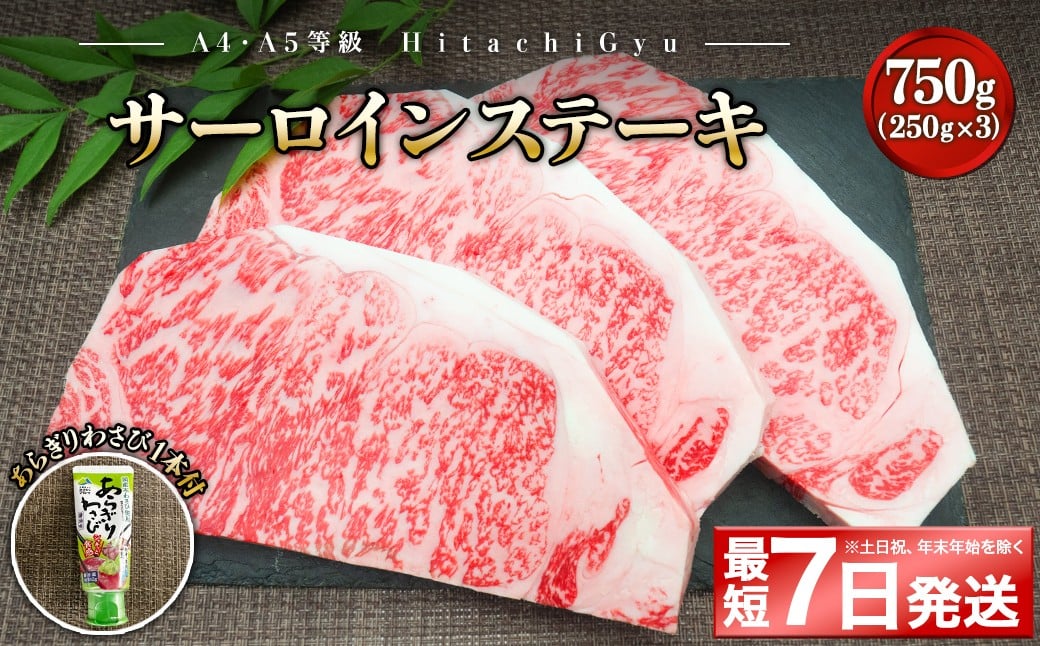 
                  K2421 <最短7日発送> 常陸牛A5等級 サーロインステーキ750g (250g×3枚) あらぎりわさび1本付
                