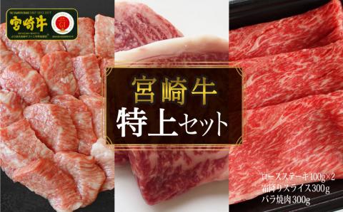 【宮崎牛】特上セット ロース ステーキ 100g×2 & 霜降り スライス 300g & 牛バラ焼肉 300g 計800g [SHINGAKI 宮崎県 美郷町 31ag0066] 牛肉 焼肉 鉄板焼き