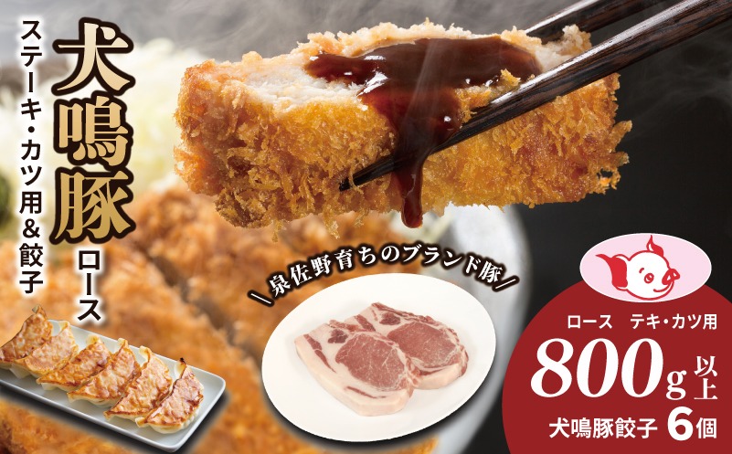 G5370 【期間限定】犬鳴豚 ロースステーキ  カツ用 800g以上 犬鳴豚餃子6個 セット【国産 豚肉 泉佐野ブランド豚 犬鳴ポーク 普段使い】