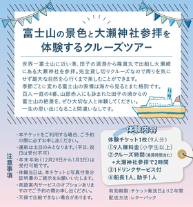 クルージング 大瀬神社コース 体験チケット 9人 クルーズツアー 土日のみ 年末年始受付可能 富士山の壮大な景色 雄大な自然 田子の浦港 隆真丸 完全貸し切り 一生の思い出 静岡県 富士市 [sf00