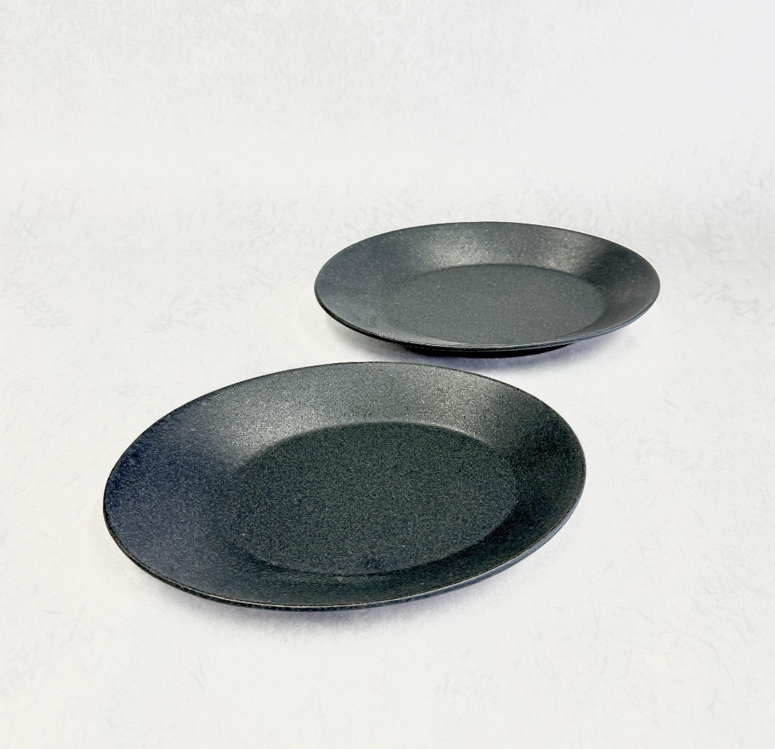 『鹿追焼』黒釉楕円皿2枚セット(大大) SKU011