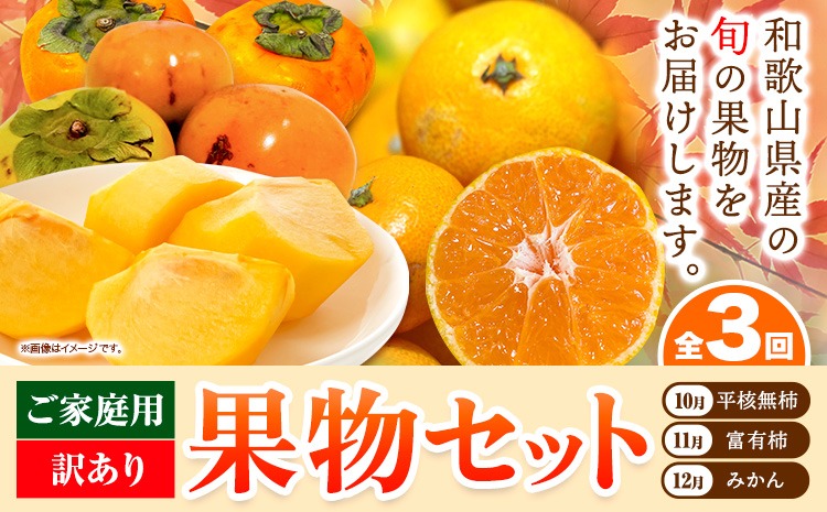【発送月固定定期便】フルーツセット ご家庭用 訳あり果物セット (平核無柿 富有柿 みかん)【全３回】 魚鶴商店《10月上旬-1月上旬出荷予定(土日祝除く)》 和歌山県 日高川町 平核無柿 富有柿 柿 みかん 柑橘 蜜柑 果物 フルーツ 送料無料 定期便---wshg_uot112tei_26_40000_101112y3---