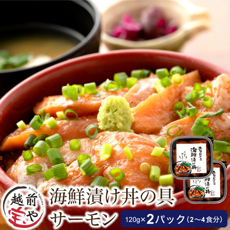 【ふるさと納税】【12月26日受付分まで年内配送】海鮮漬け サーモン 120g×2パック（2〜4食分） / たからや商店 越前宝や サーモン 鮭 福井県 小分け おつまみ 和え物 お茶漬け 漬け丼 ごはんのお供 海鮮丼 惣菜 一人暮らし 新生活 [A-088012]【年内発送 年内お届け】